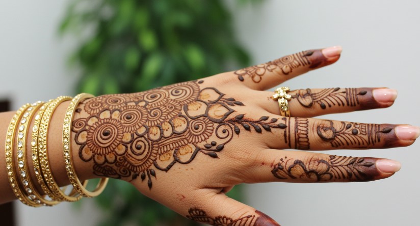 A hand adorned with intricate henna, showcasing a vibrant cultural tradition